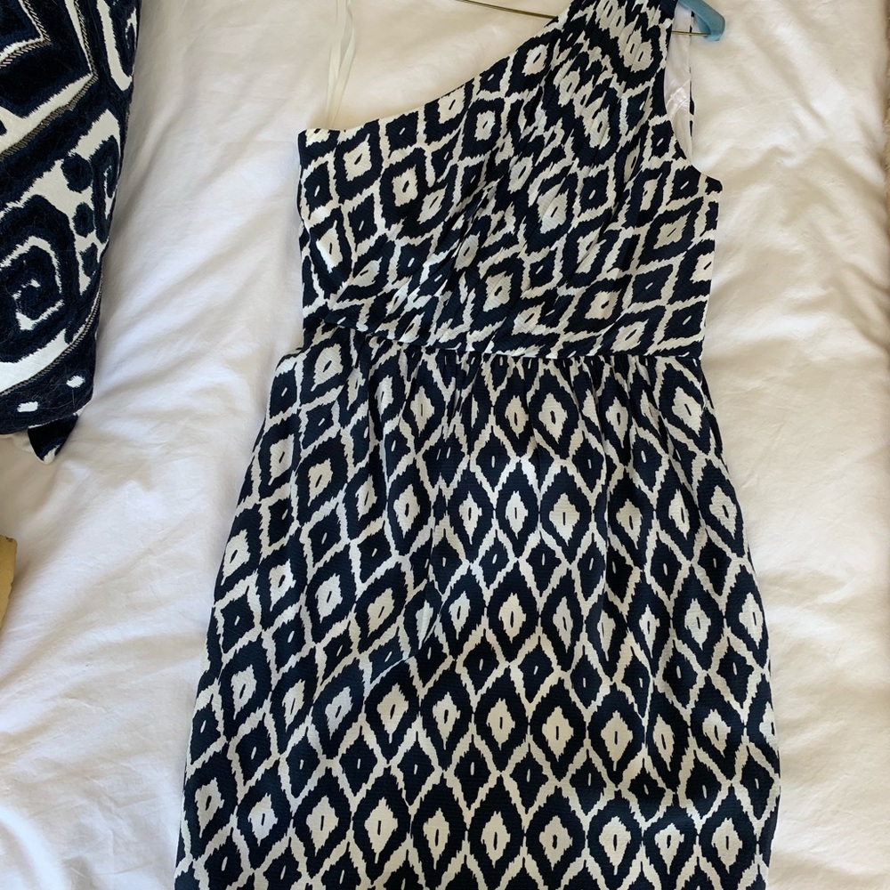 Shoshanna navy ikat one-shoulder dress